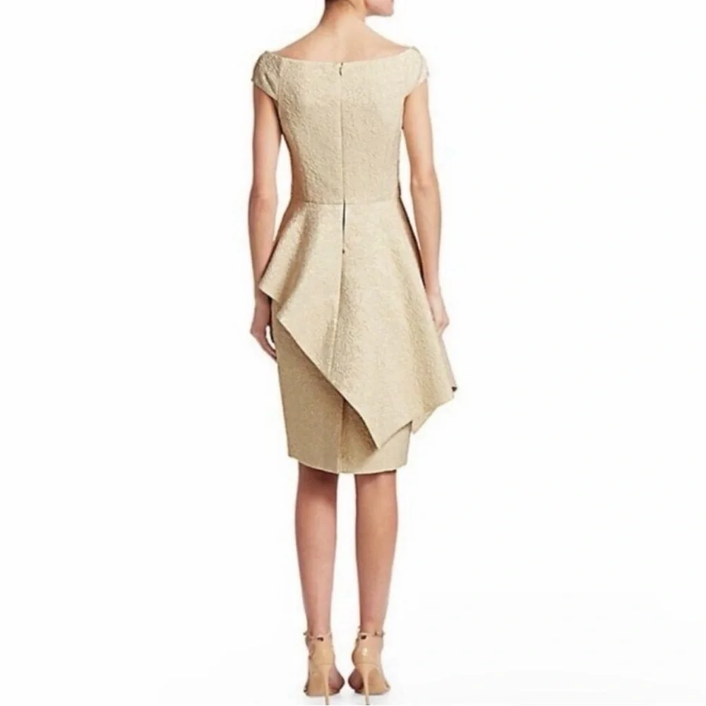 Rickie Freeman Teri Jon Peplum Gold Metallic Textured Jacquard Asymmetric Dress - Picture 7 of 11